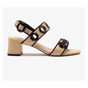 Larroude Milan Sandal In Beige Raffia and Black Trimming Size 8